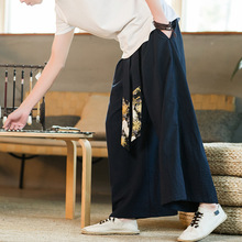春夏新款男士中国风复古纯色潮流长裤大码仙鹤拼接飘带哈伦休闲裤