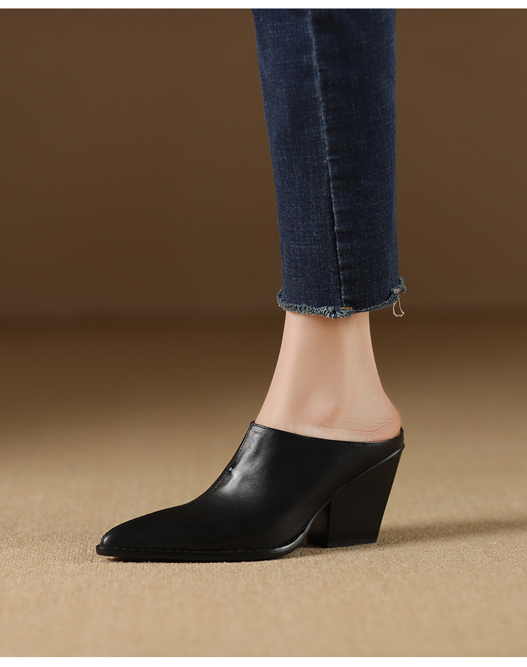 Giày mule nữ da bò mũi nhọn gót cao 7 cm phong cách Âu Mỹ — đen chi tiết 11