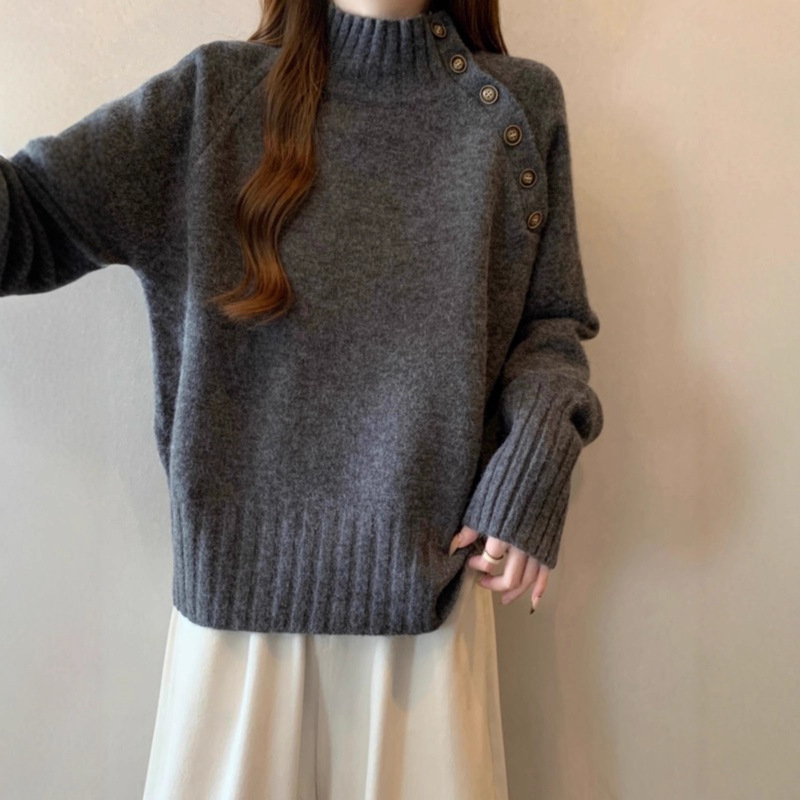 2025 New Autumn and Winter Half Turtleneck Gray Knitwear Tops Plus Size Women's Fat mm Loose Lazy Thickeneded Knitwear
