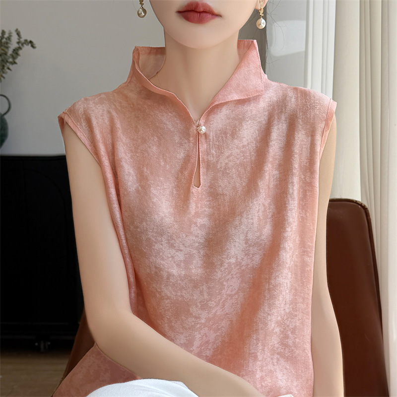 New Chinese-Style Stand-Collar Pearl Button Sleeveless Vest for Women, Summer Light Luxury High-End Loose-Fitting Elegant Shirt T-Shirt Top New Chinese-Style Stand-Collar Pearl Button Sleeveless Vest for Women, Summer Light Luxury High-End Loose-Fitting Elegant Shirt T-Shirt Top