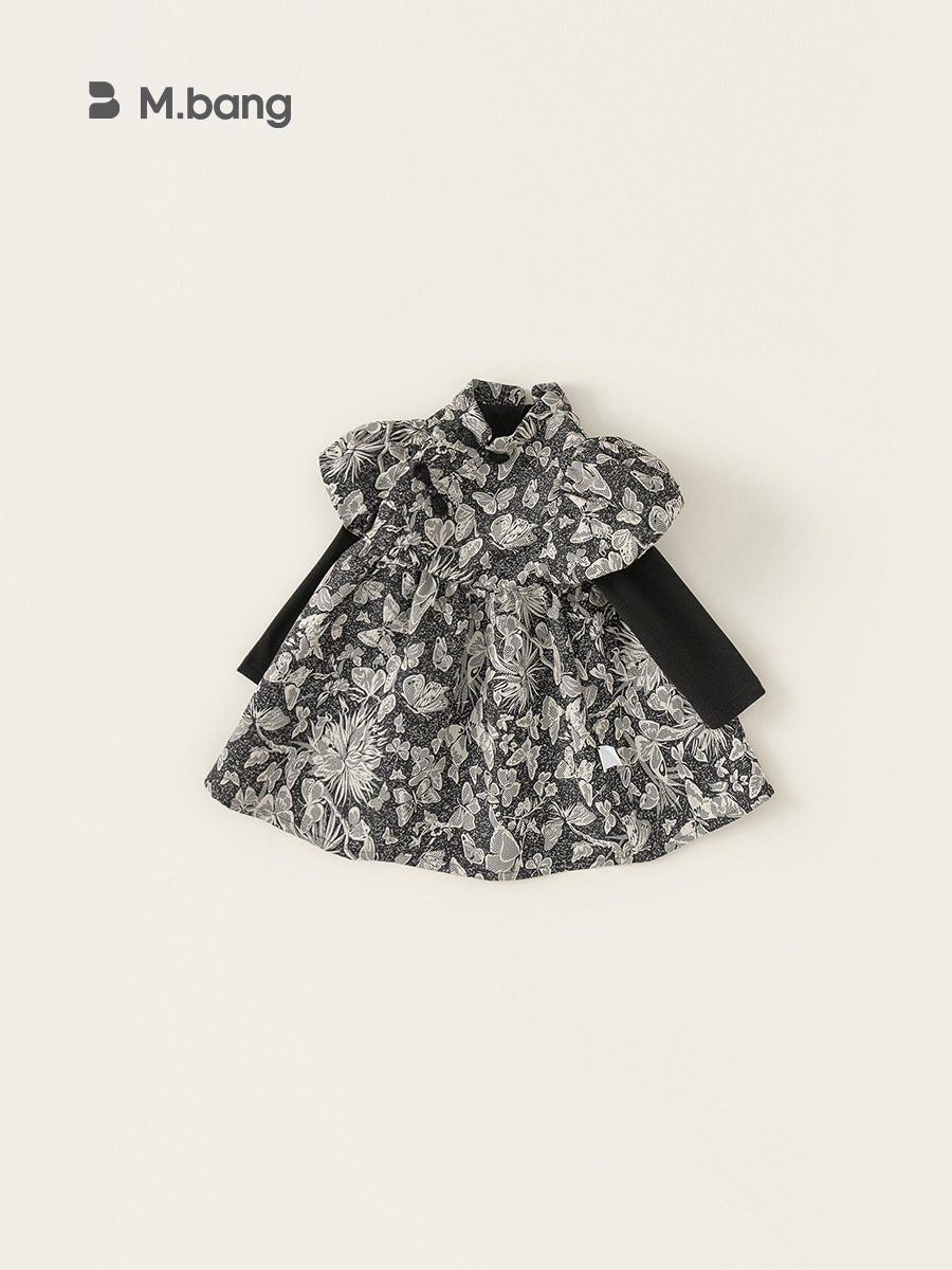 Yubao ropa infantil de niñas vestidos de manga de burbuja falsos dos piezas de falda de flores de contraste de otoño de estilo chino falda de estilo nacional