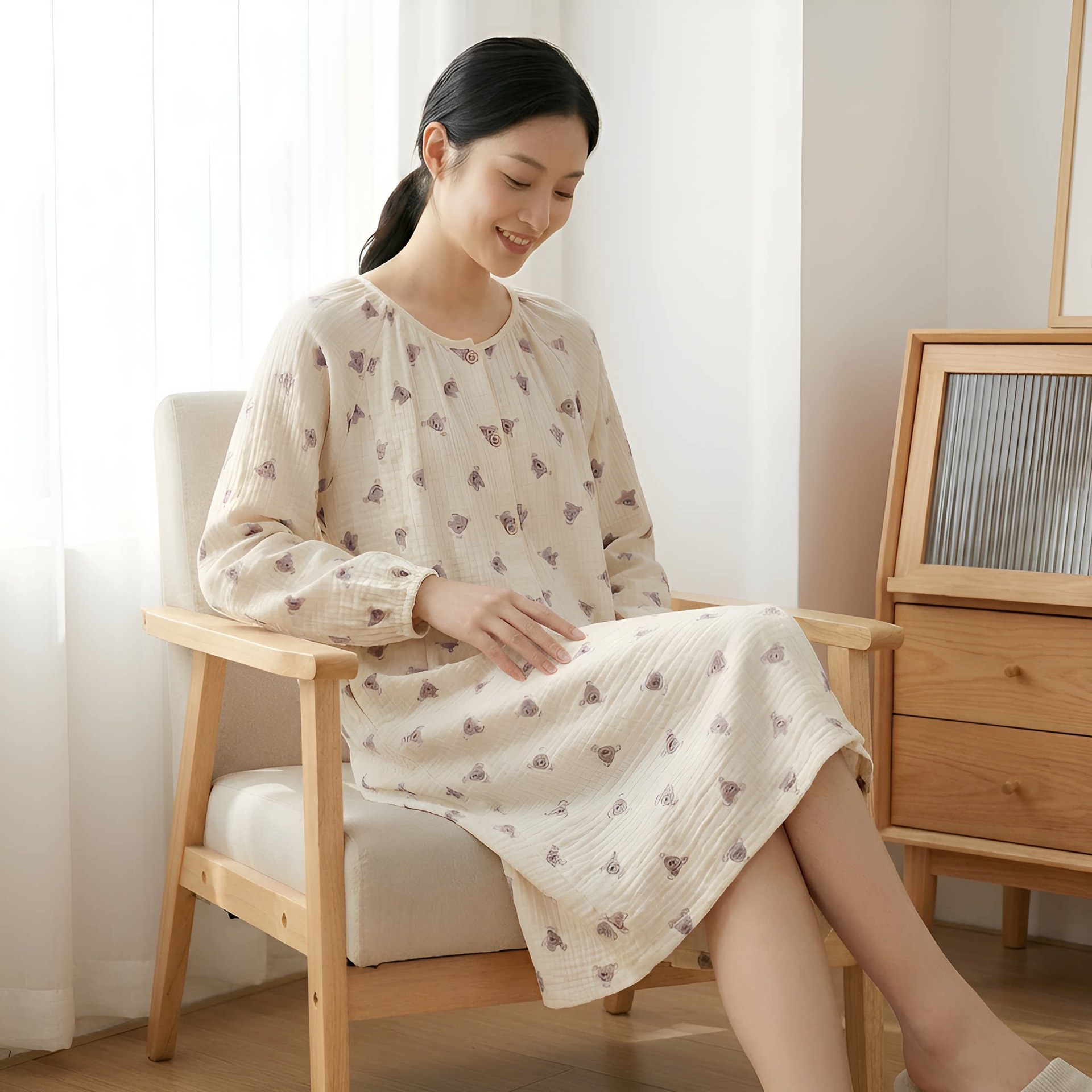 순면 산후조리복 잠옷 크레이프 원단 수유용 얇은 봄가을 귀여운 만화 캐릭터 긴팔 산후 수유 임산부 잠옷