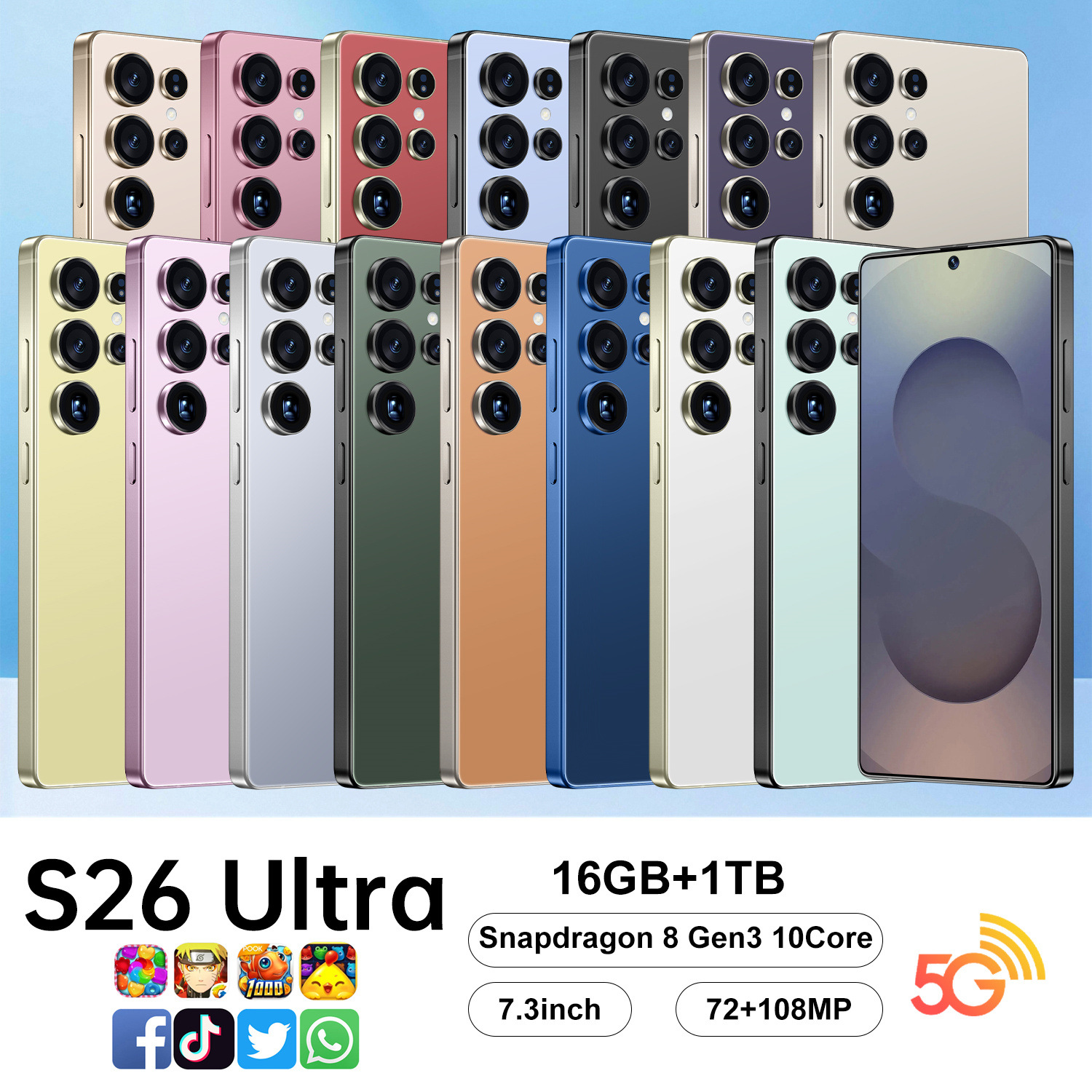 跨境新品S26 Ultra内置笔安卓手机7.3英寸一体机16+1T 4G穿孔屏现