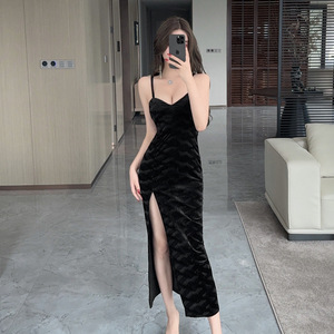 Striped gold velvet suspender mid length high slit base hip hugging dress