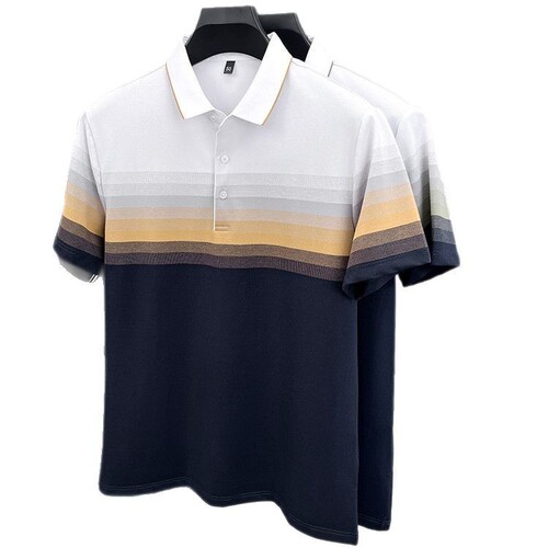 Summer Collared Cotton Striped Short-Sleeve Polo Shirt for Men Business Casual Thin T-Shirt Top