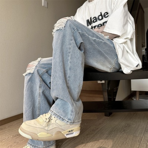 American-style high-street vibe ripped denim jeans for men, summer thin straight-leg trendy brand pants—casual floor-length trousers for spring and autumn
