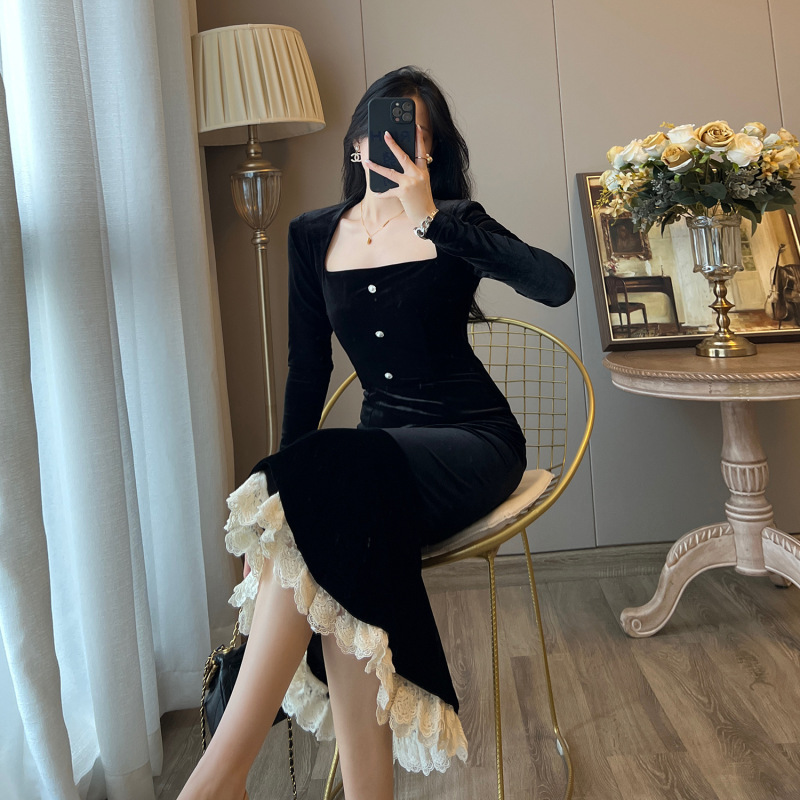 French Square Collar Black Fishtail dress Women's Winter Vintage Gentle Slim-Fit Velvet Hip Skirt Elegant Long Skirt