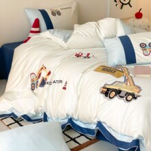 儿童卡通挖掘机工程车贴布刺绣长绒棉四件套亲肤四季可用床品