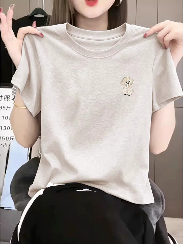 This Year's Trendy Light Floral Gray Pure Cotton Short-Sleeve Loose Casual Slim-Fit Regular Shoulder T-Shirt for Women, Summer Top