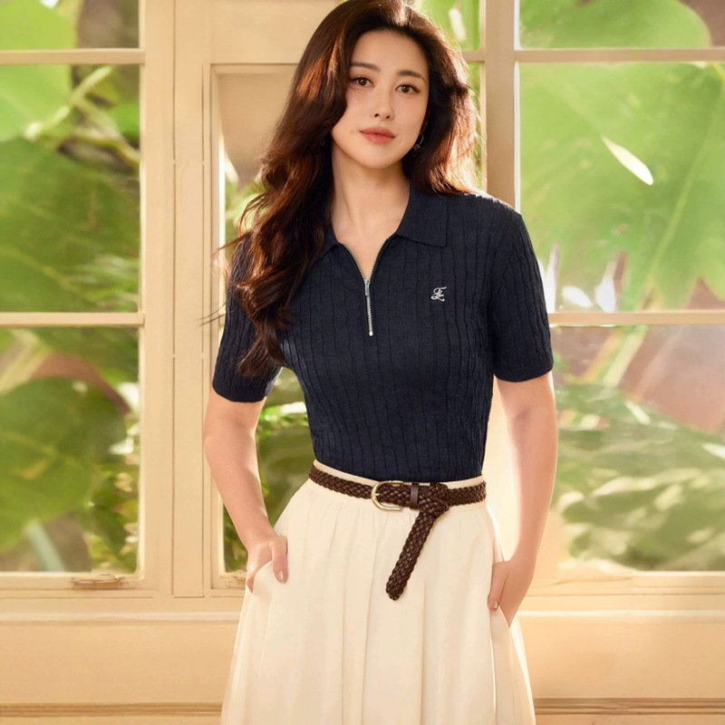 [Same Style in Shopping Malls] Classic Polo Collar Loose Short-Sleeved Versatile Sweater 26 Summer New Style Knitted Sweater for Women 0711
