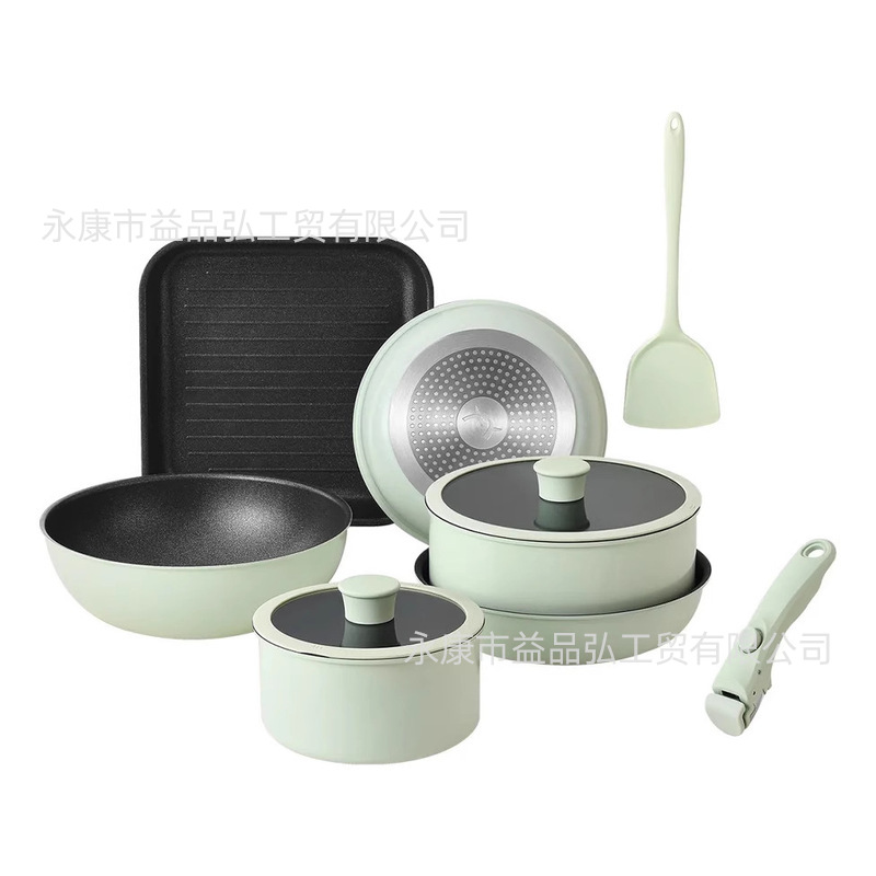 Nuevo juego transfronterizo de ollas con mango desmontable, juego de ollas domésticas, sartén antiadherente, wok completo, sartén de sopa, sartén al por mayor