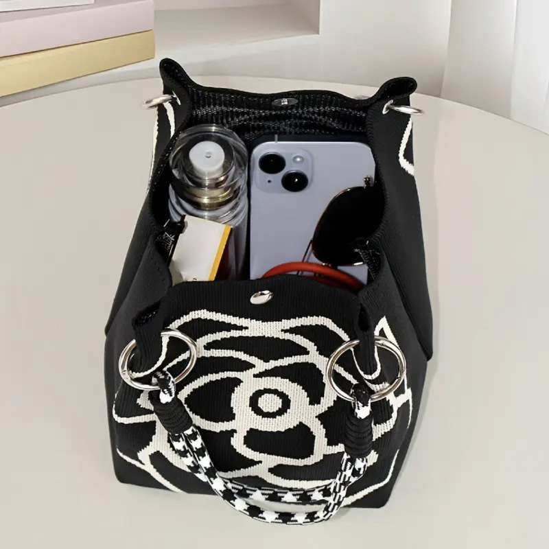 Amazon ebay レトロ椿フラワー大容量ニットバケットバッグ多用途カジュアルバッグトートバッグハンドバッグ|undefined