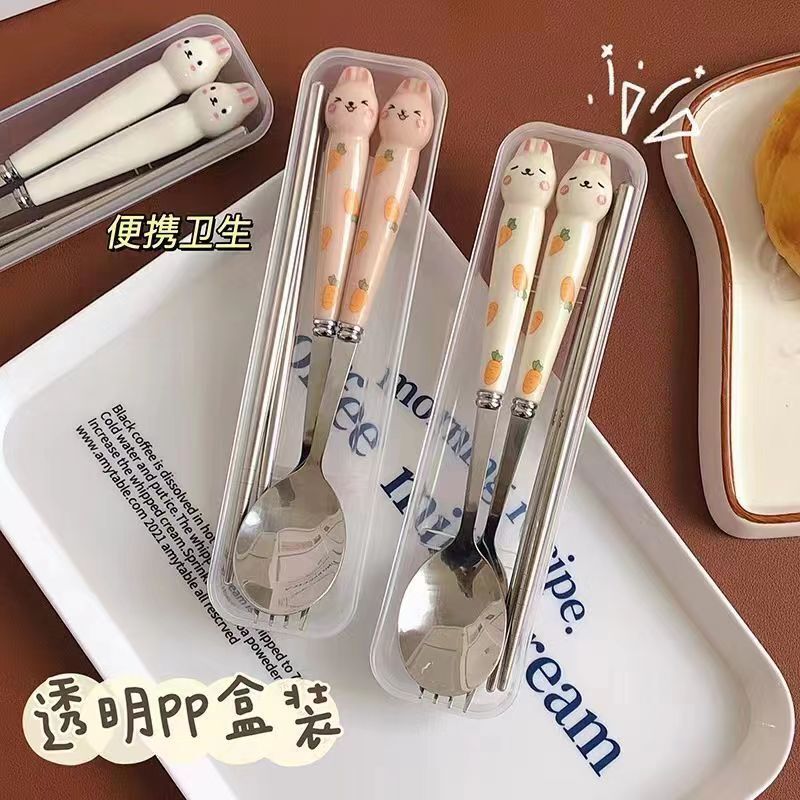 Rabbit Cartoon Tableware Cute Stainless Steel Three-piece Set Convenience Student Outdoor Spoon Fork Chopsticks Box Gift suit