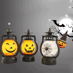 HalloWeen Retro Decorative Oil Lamp Electronic LED Funny Smiling Face and Creative Spider Web Portable Pumpkin Lantern W