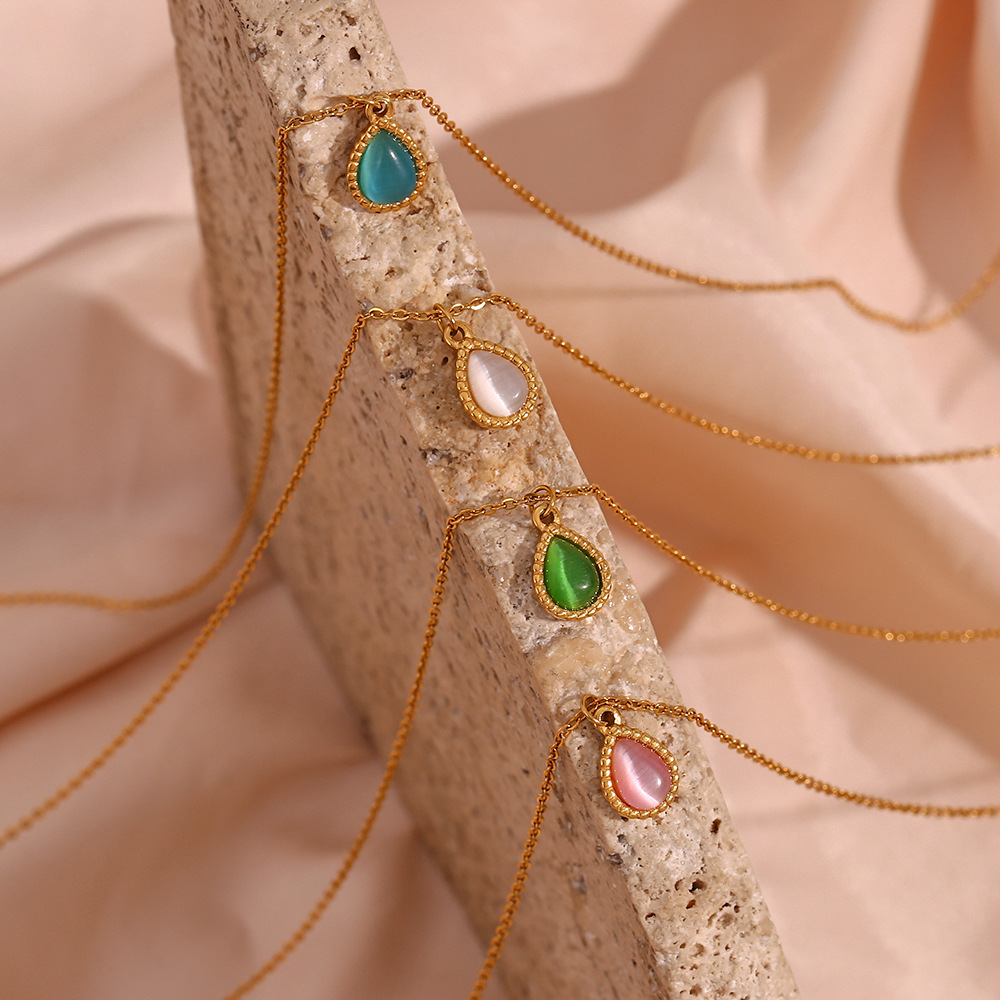 Fashion Water Droplets Stainless Steel Inlay Opal Pendant Necklace 1 Piece