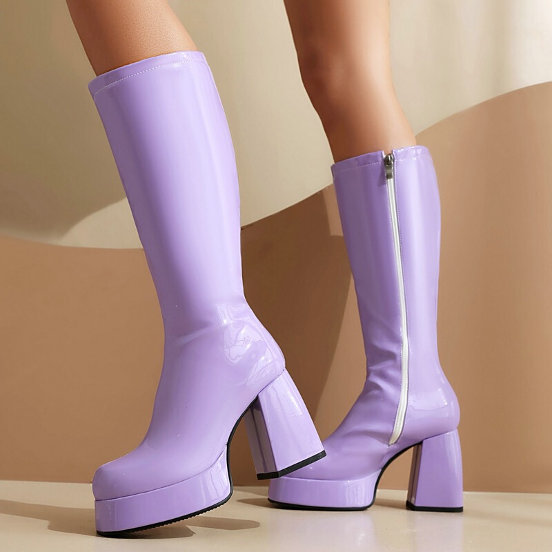 Women's patent leather knight boots, thick-soled high-tube boots, chunky heel, square toe, ultra-high heel, side zipper, Martin boots, long-tube boots, high-tube Women's patent leather knight boots, thick-soled high-tube boots, chunky heel, square toe, ultra-high heel, side zipper, Martin boots, long-tube boots, high-tube