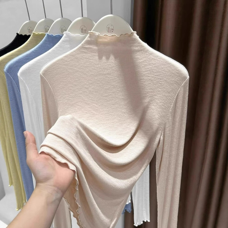 Lace Ruffle Collar Base Shirt for Women, Autumn and Winter Bamboo Cotton Long-Sleeve T-Shirt, Half-High Collar Sweater, High-Elasticity Top