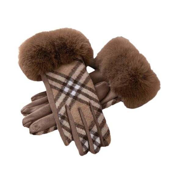 Contrast color check de-down gloves wholesale winter riding warm fleece-lined touch screen finger wool ladies gloves on behalf of the hair