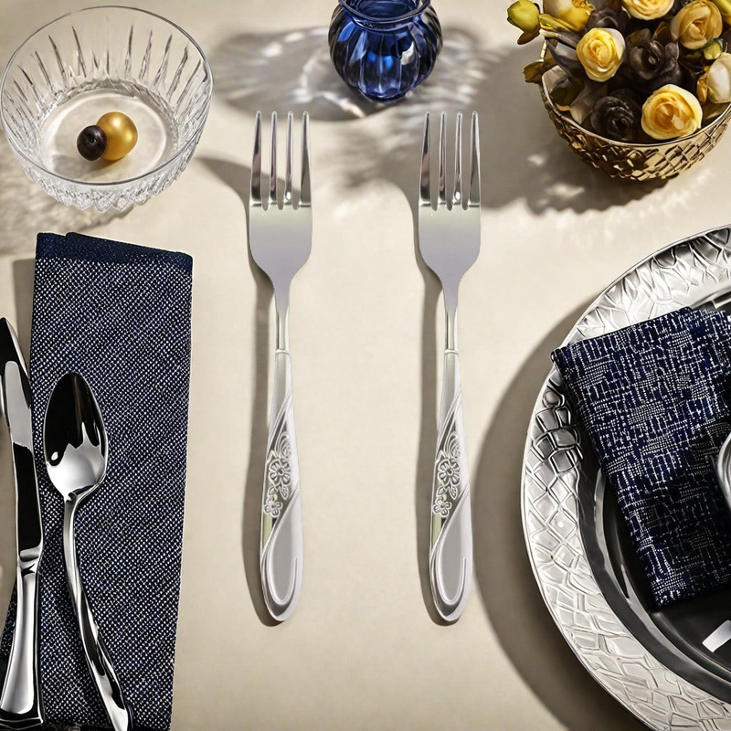 跨境不锈钢叉勺餐具两件套花卉手柄家用调羹汤匙长柄搅拌勺水果叉