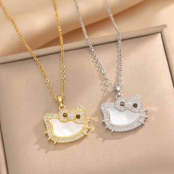 [Titanium Steel] Bowknot Cat Light Luxury Elegant Gorgeous Diamond Necklace Women's All-match Clavicle Chain Titanium Steel Chain