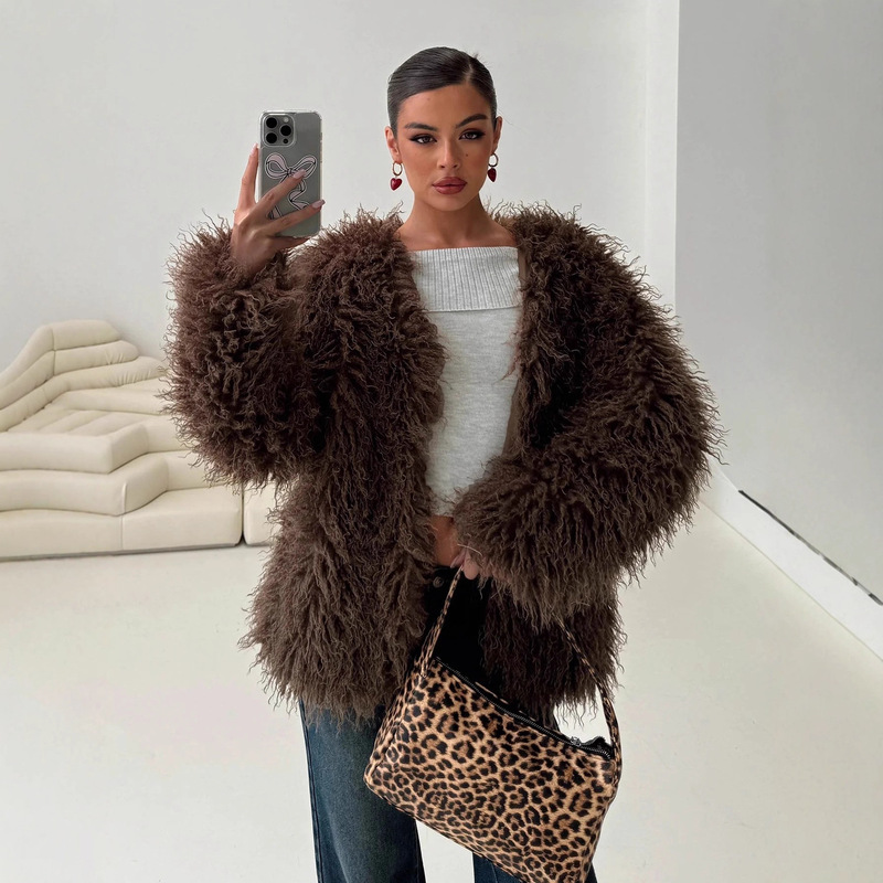 Cross-border 2024 European and American fashion fur imitation fur coat artificial fur jacket chocolate color factory direct