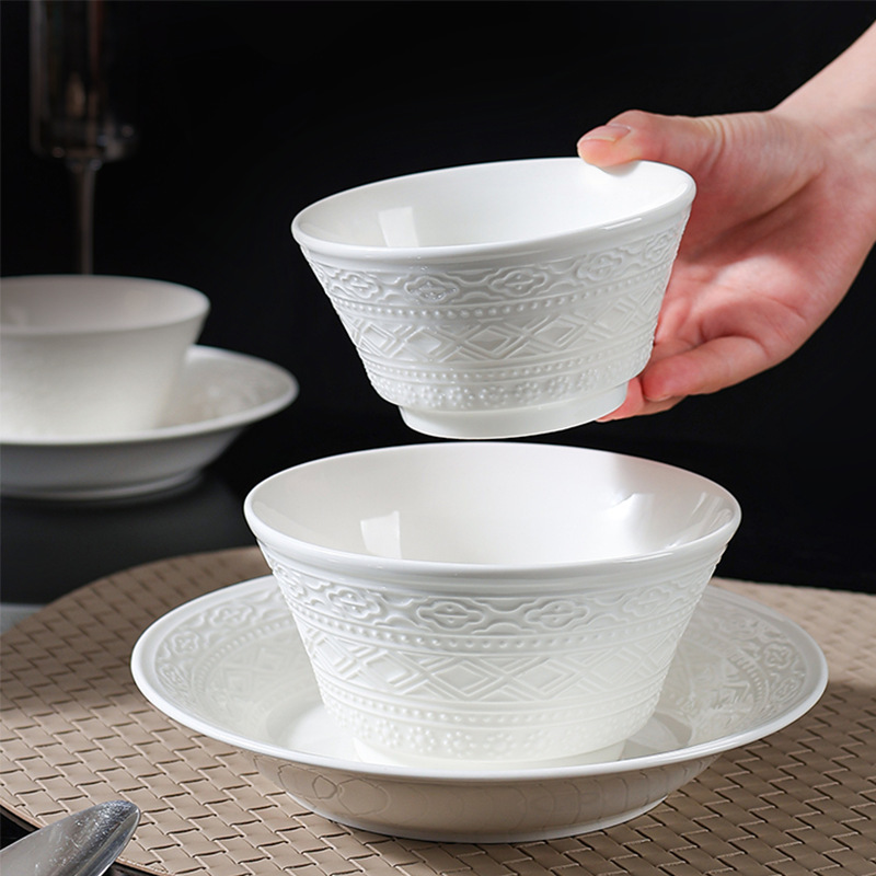 Embossed Locke Bowl and Dish Set Soup Bowl Rice Bowl Simple Tableware Set High Temperature Underglaze Color Ceramic Bowl Household Noodle Bowl Embossed Locke Bowl and Dish Set Soup Bowl Rice Bowl Simple Tableware Set High Temperature Underglaze Color Ceramic Bowl Household Noodle Bowl