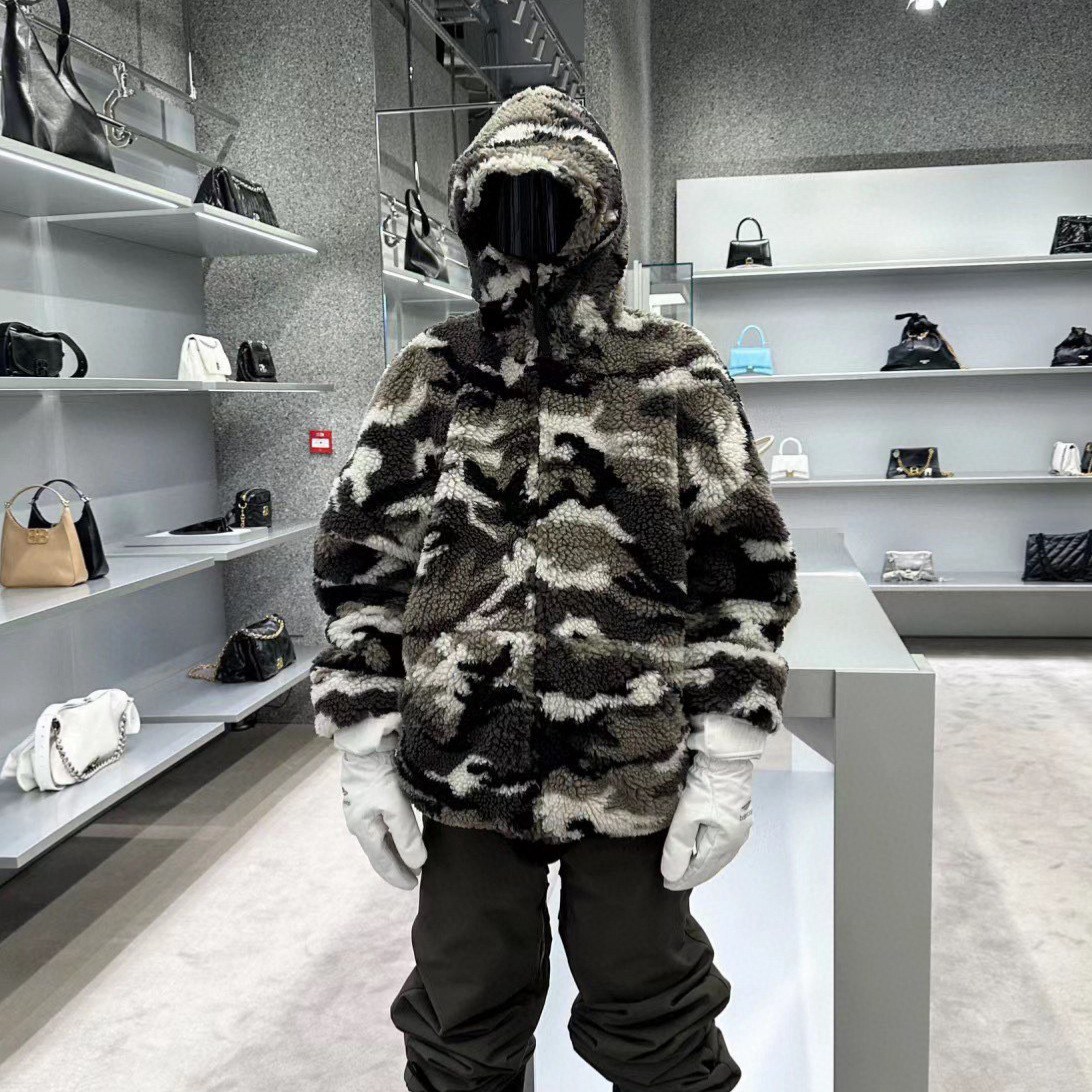 24FW 하이 버전 B 홈 가을 | 겨울 새로운 남자와 여자 부부의 눈 위장 면화 패딩 코트 양털 지퍼 재킷
