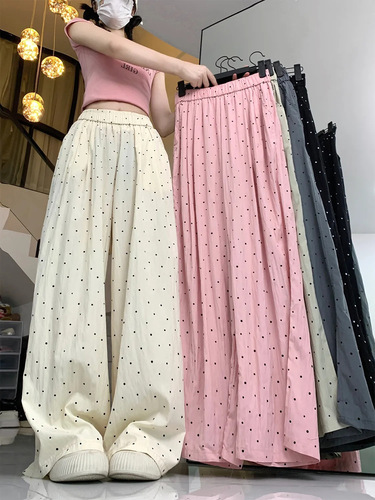 Korean-style beaded ice silk cool pants wide-leg pants for women spring summer thin model high-waisted drape straight-leg pants sunscreen casual pants