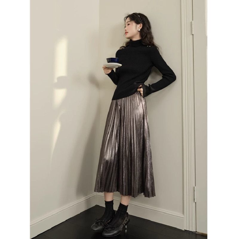 Lady Silver Gray Glossy Metal Drape Pleated Skirt Women's 2025 Autumn and Winter New High Waist Long Skirt