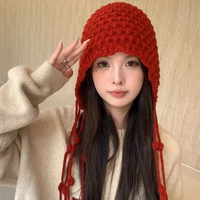 秋冬保暖毛线帽手工编织镂空包头帽女民族风流苏护耳套头针织帽子|undefined