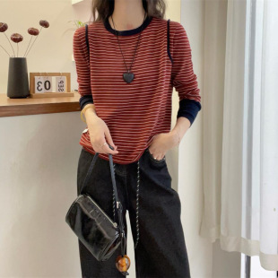 Ankora Covering Meat Red Spring and Autumn New Striped Color Matching Advanced Age-reducing All-match Slimming Crewneck Interior Long Sleeve I