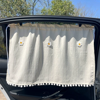 Car Interior Privacy Curtain for Sleeping, Car curtains - cream-white-three-little-flowers-car-curtain-1-piece-free-suction-cup-rope