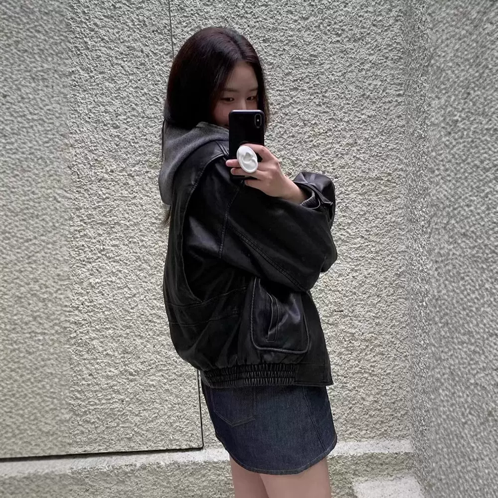现货 黑色复古小众个性皮衣2025春季女宽松休闲拉链翻领外套gro*e