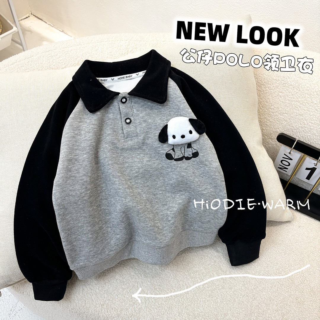 2025 Wholesale Children's Autumn Long-Sleeved Polo Shirt, Cotton Raglan Shoulder Color Block Doll Puppy Korean Style Autumn Top