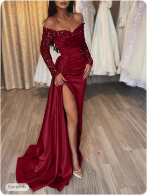Abito lungo monospalla da donna con maniche lunghe – Elegante abito lungo con scollo a V e paillettes (gonna svasata, dettagli metallici, tessuto elasticizzato)_voghion.com