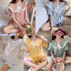 夏の新しいパジャマ女性半袖プリンセス風薄いパンツ人形襟家庭服セット
