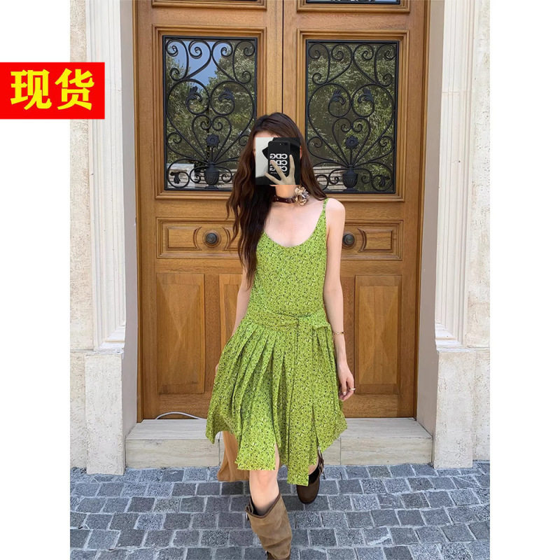In Stock: Sool Song Wei Yun Yi Irregular Ruffle Hem U-Neck Strap Floral Belt Dress