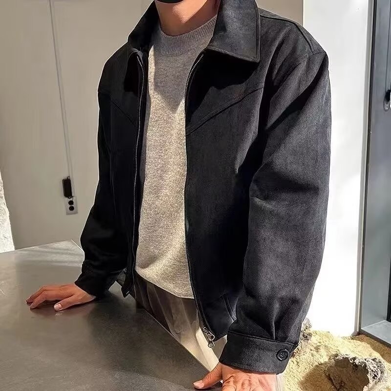 麂皮绒双层夹克美式复古外套男秋冬棕咖美拉德穿搭短款百搭夹克|undefined