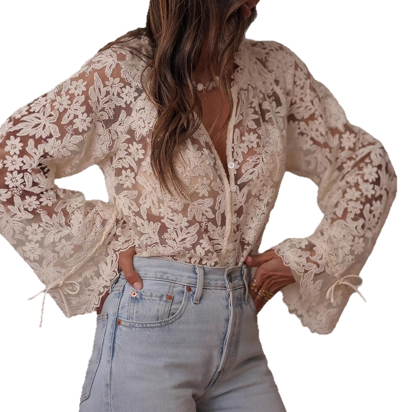 European and American Cross-Border 2026 Summer New Foreign Trade Women's Fashion New Hollow-Out Casual Lace Shirt Lace Blouse for Women