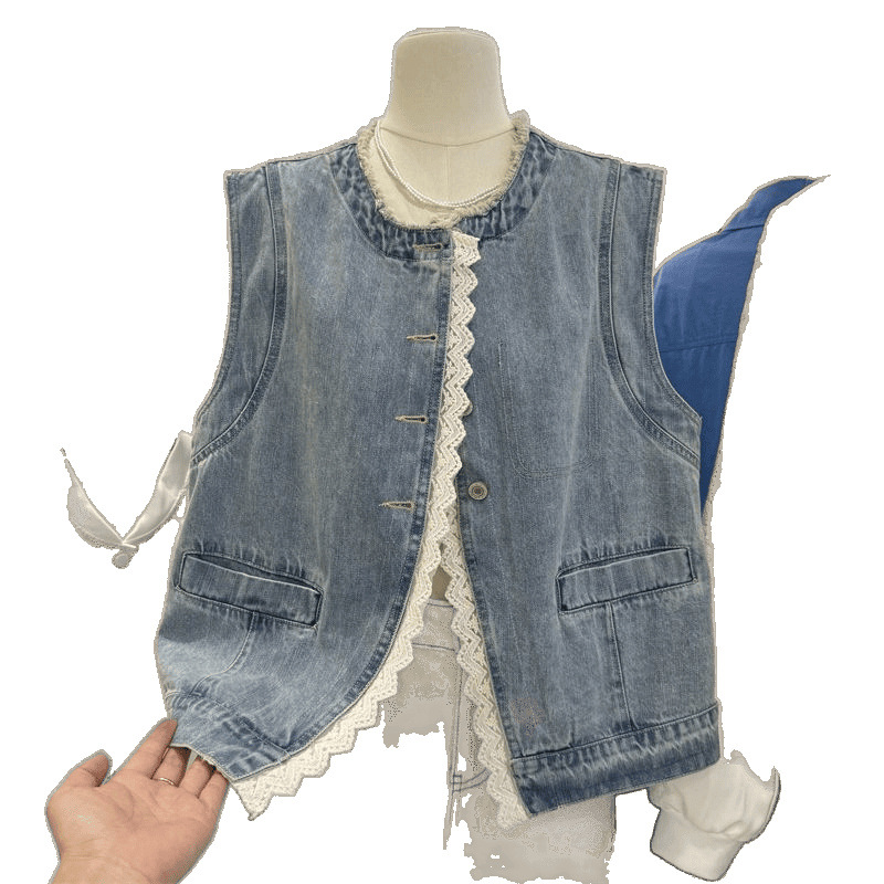 Spring fashionable lace retro denim jacket sleevless