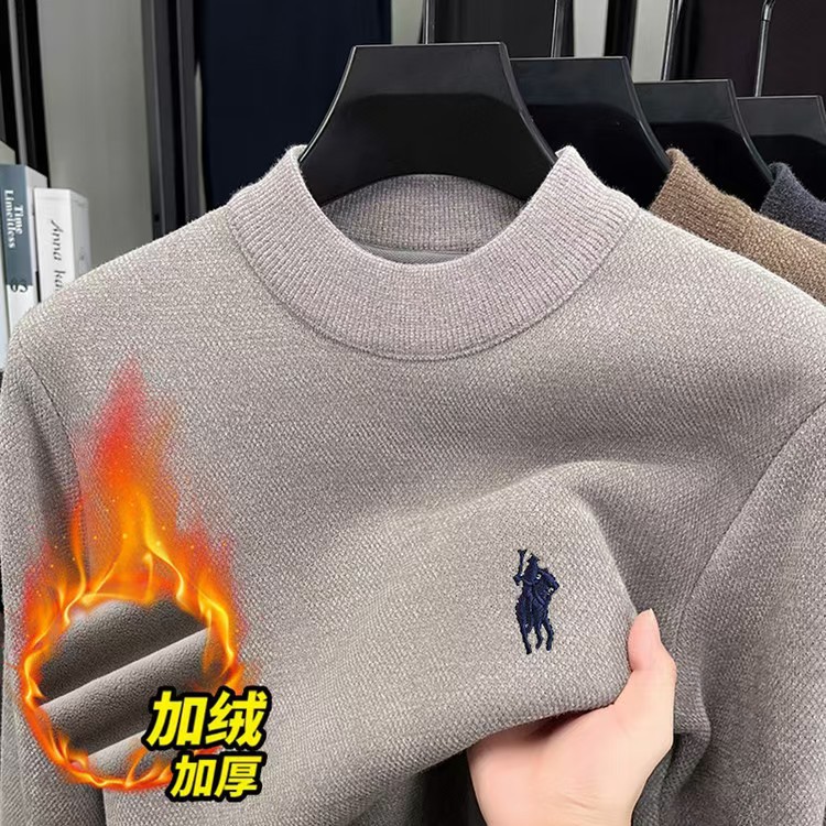 Men's Winter Sweater Round Neck Pullover Fleece-Lined Thickeneded Business Casual Imitation Ferret Warm Slim Knitted Bottoming Shirt