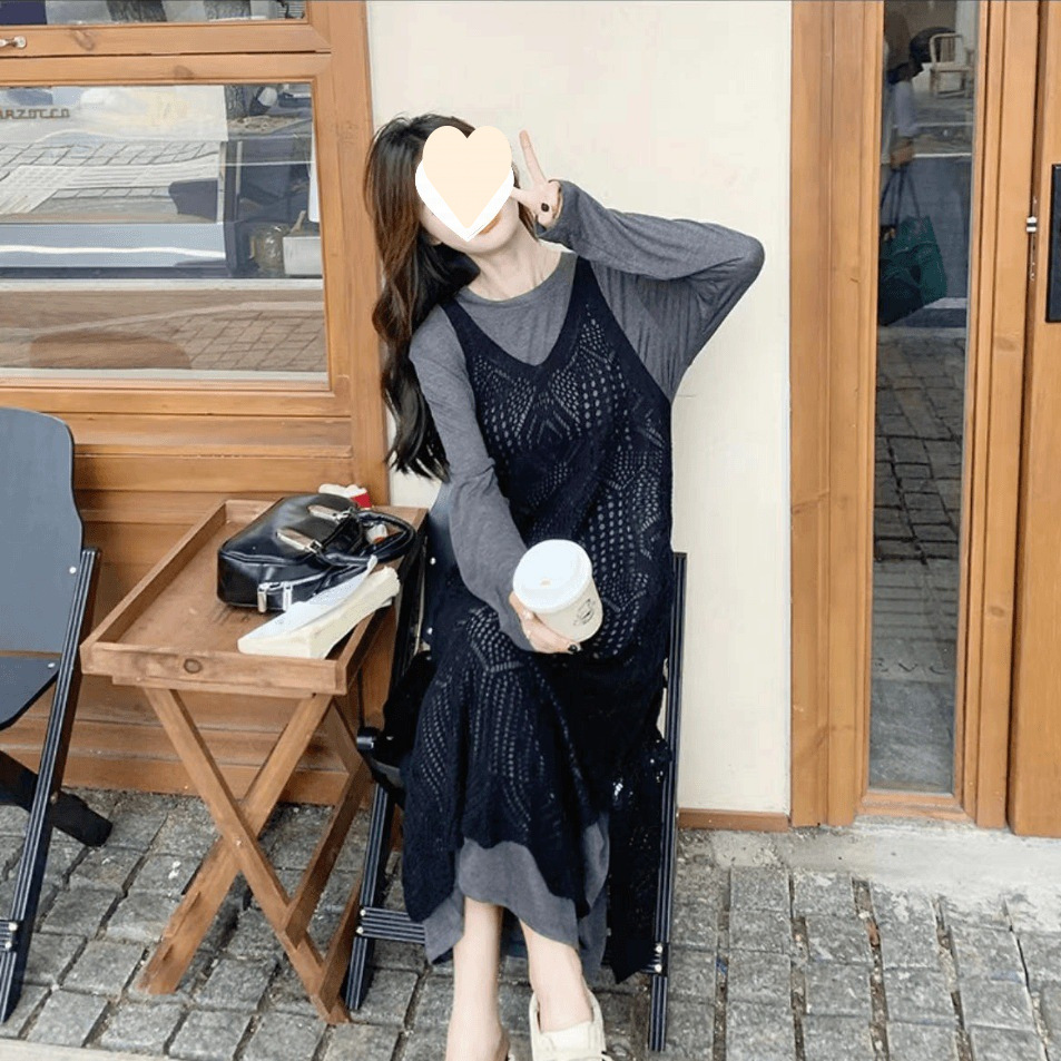 早秋氛围感穿搭叠穿镂空罩衫连衣裙套装女韩系慵懒宽松长裙两件套