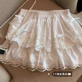 白色蕾丝拼接半身裙女2025夏季新款韩系甜美风蝴蝶结刺绣蛋糕短裙