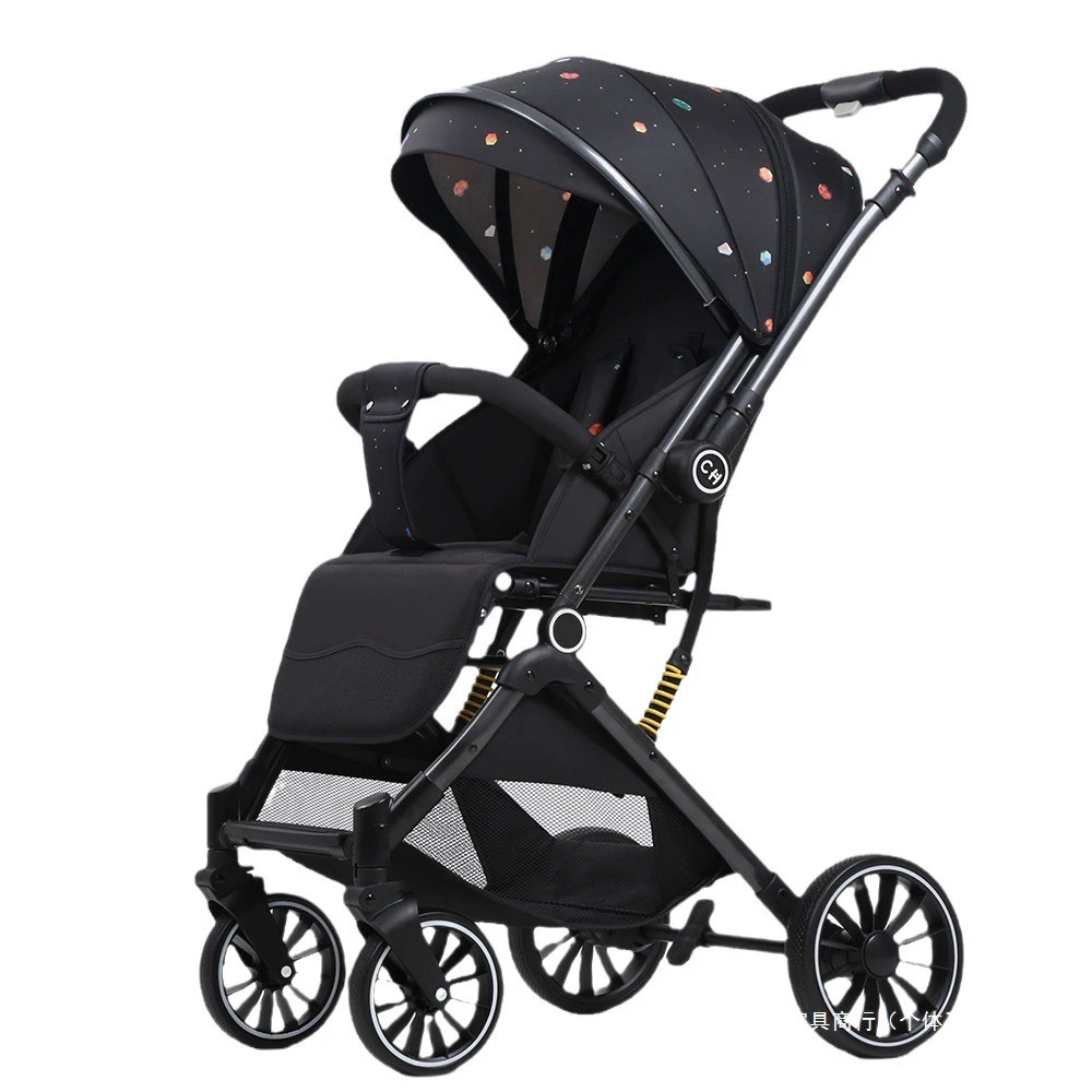 Stroller with seat, children's black trolley, can sit and lie
