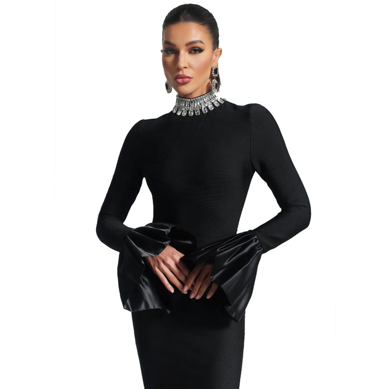 European and American New Women's Trumpet Sleeve Collar Rhinestone Fashion Elegant dress Bandage Skirt Long Pie Dress