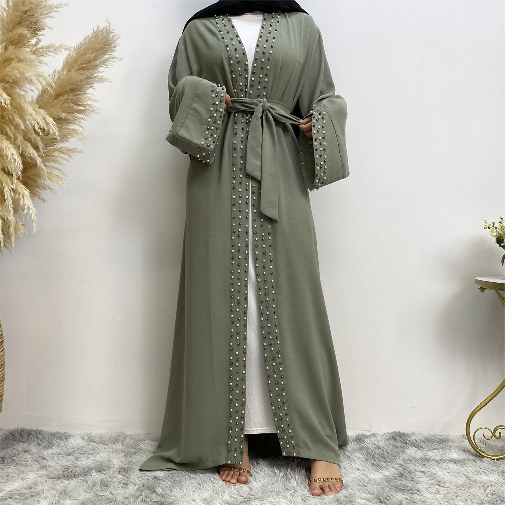 Arab Turkish Middle Eastern Fashion Elegant Solid Color Beaded Muslim Tie-Up Cardigan Robe 1838_ecoleips.com
