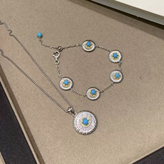 S925纯银布拉提契中古风雏菊拉丝项链复古气质绿松石吊坠轻奢颈链