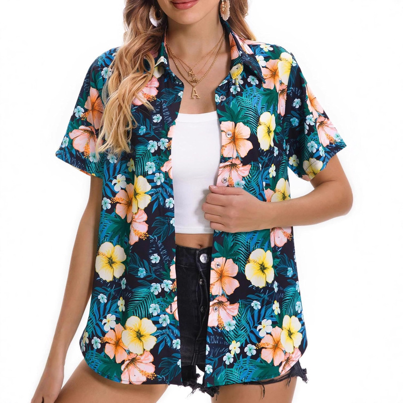 Aliexpress Temu New Summer Style European and American Women's Hawaiian Shirt Cool Floral Tropical Print T-Shirt Shirt