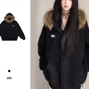 Winter Coat Women's fleece-lined Thickened Fur Collar Hooded Cardigan Sweater Korean Style All-match Warm Cotton-padded Jacket