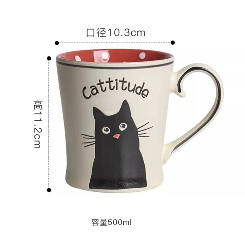 Ceramic mug hand-painted underglaze cat design, cute breakfast cup, microwave-safe